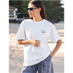 Удлиненная футболка over-size с  принтом стразами