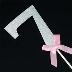 Топпер "Цифра 7" серебро, розовый бант, 9*6 см