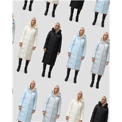 Пальто утепленное стеганное зимнее с капюшоном женское бежевого цвета 9607B