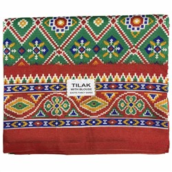 Сари TILAK с печатным принтом ЭТНИКА, цвет КРАСНО-ЗЕЛЕНЫЙ (Size: Onesize, с отрезом для блузы), РАЗНЫЙ ДИЗАЙН, 1 шт.