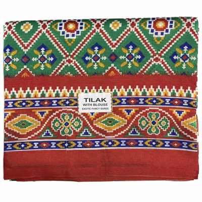 Сари TILAK с печатным принтом ЭТНИКА, цвет КРАСНО-ЗЕЛЕНЫЙ (Size: Onesize, с отрезом для блузы), РАЗНЫЙ ДИЗАЙН, 1 шт.