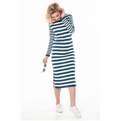 Платье прямое миди с длинным рукавом в белую полоску на зеленом