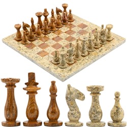 Шахматы из ракушечника и оникса коричневого ALA 12*12 (30*30см) уп. бархат.