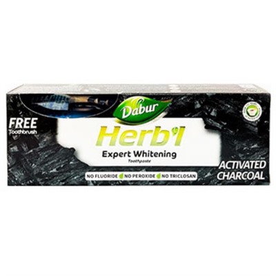 Herb'l ACTIVATED CHARCOAL Expert Whitening, Dabur (Хербл АКТИВИРОВАННЫЙ УГОЛЬ экспертное отбеливание, (зубная щетка в подарок), Дабур), 150 г.