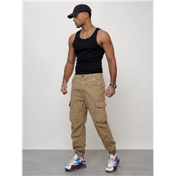 Джинсы карго мужские с накладными карманами бежевого цвета 2428B