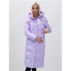Пальто утепленное стеганное зимнее с капюшоном женское фиолетового цвета 9628F
