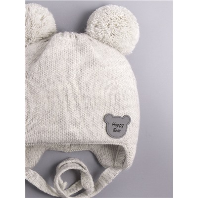 Шапка вязаная детская с двумя бубонами, на завязках, нашивка HAPPY BEAR, бежевый