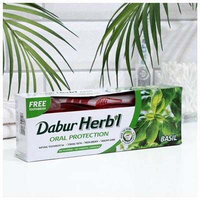 Herb'l Oral Protection BASIL Toothpaste Dabur (Зубная паста Хербал с БАЗИЛИКОМ, защита полости рта (зубная щетка в подарок), Дабур), 150 г.
