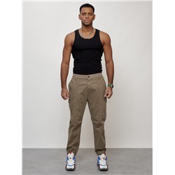 Джинсы карго мужские с накладными карманами бежевого цвета 2419B