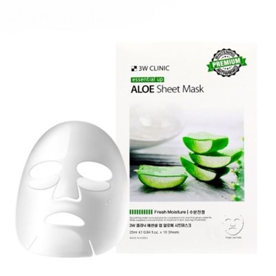 3W CLINIC Маска тканевая д/лица с экстр.алоэ  Essetial Up Aloe Sheet mask 25мл АКЦИЯ! СКИДКА 5%