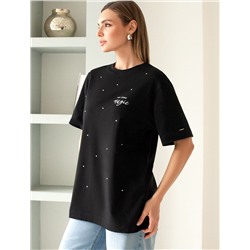 Удлиненная футболка over-size с  принтом стразами