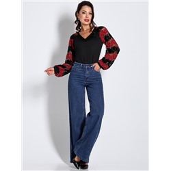 Блузка черная трикотажная с кружевными рукавами