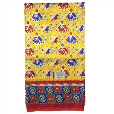 Сари ISHITA HOUSE, Kalista, с печатным принтом СЛОНЫ И ПАВЛИНЫ, цвет ЖЕЛТЫЙ (Size: Onesize), 1 шт.