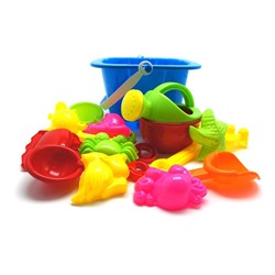 Набор для песка (ведро,3 совка,грабли,воронка,сито,лейка,6 форм.) 20*13см/сетка JX771-1 СКИДКА 25%
