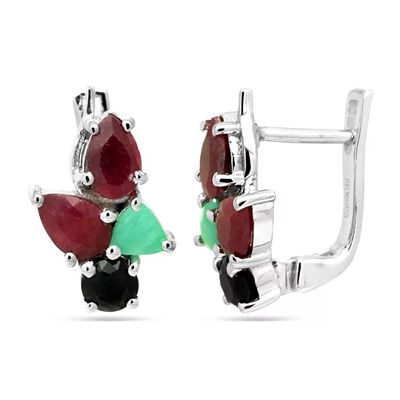 Серьги из серебра изумруд берилл, рубин корунд, сапфир корунд, Рапан