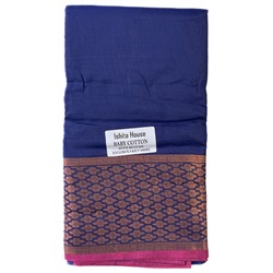 Сари ISHITA HOUSE, Baby Cotton, цвет ТЕМНО-СИНИЙ С ЗОЛОТИСТОЙ КАЙМОЙ и Розовой отделкой (с отрезом для блузы), 1 шт.