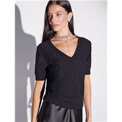 Джемпер с V вырезом и коротким рукавом из хлопковой пряжи с пайетками