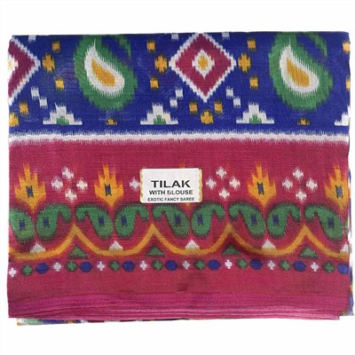 Сари TILAK с печатным принтом ЭТНИКА, цвет СИНЕ-РОЗОВЫЙ (Size: Onesize, с отрезом для блузы), РАЗНЫЙ ДИЗАЙН, 1 шт.