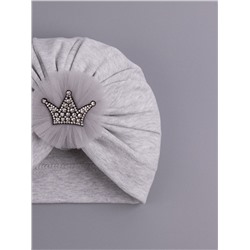 Чалма трикотажная для девочки, бант из фатина, корона, серый
