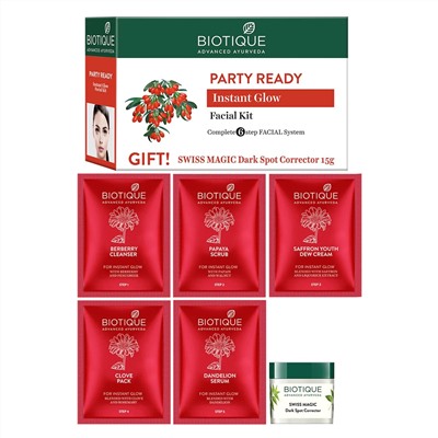 PARTY READY Instant Glow Facial Kit, Biotique (Набор для всех типов кожи ГОТОВА ДЛЯ ВЕЧЕРИНКИ, Биотик), 65 г.