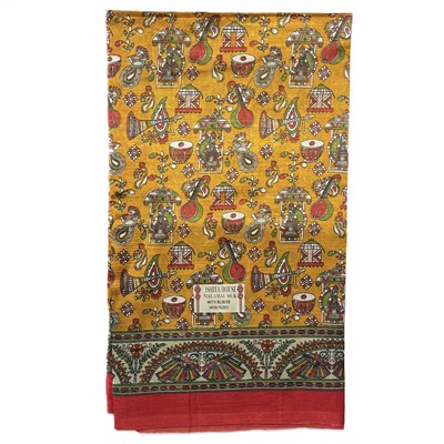 Сари ISHITA HOUSE, Malamal Silk, с печатным принтом МУЗЫКА УРОЖАЯ, цвет ЖЕЛТЫЙ С КРАСНОЙ КАЙМОЙ (Size: Onesize, с отрезом для блузы), 1 шт.