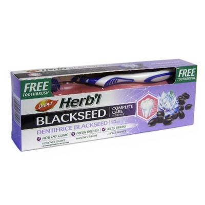 Herb'l BLACK SEED Complete Care toothpaste, Dabur (Хербл БЛЭК СИД, с экстрактом семян черного тмина, Комплексная Защита (зубная щетка в подарок), Дабур), 150 г.