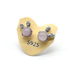 Серьги пусеты с розовым кварцем Зайчик 7*10мм, 1,7г