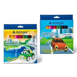 Карандаши цветные 24 цв. Alingar Мульт-машины дерев. шестигранные заточен. AL4388-24