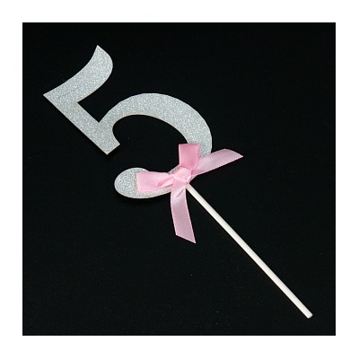 Топпер "Цифра 5" серебро, розовый бант, 9*6 см