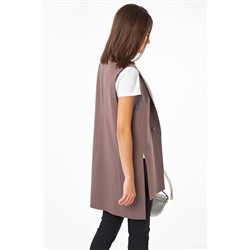 Жилет удлиненный прямой с разрезами по бокам из костюмной ткани серо-коричневый