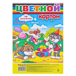 Картон цветной 12л. Profit 8цв.+4бел. А4 Вечеринка у щенков Проф-Пресс 12-0435