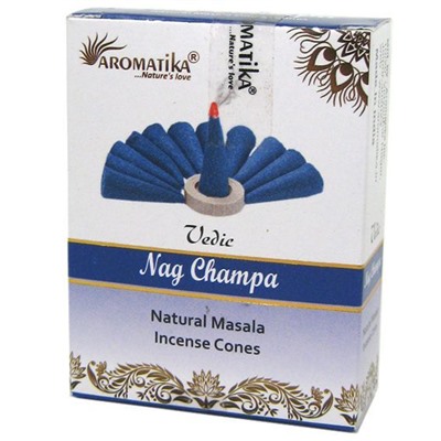 Vedic NAG CHAMPA Natural Masala Incense Cones, Aromatika (Ведик НАГ ЧАМПА, натуральные конусные благовония, Ароматика), уп. 10 конусов.