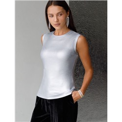 Топ с закрытым декольте из хлопка с эластаном в рубчик с матовым покрытием металлик