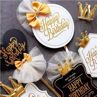 Топпер «Роскошь» Happy Birthday (сердце, черный с бантом)