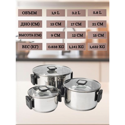 Набор посуды 6 предметов 1,6 л; 3,2 л; 5,8 л (4 шт)