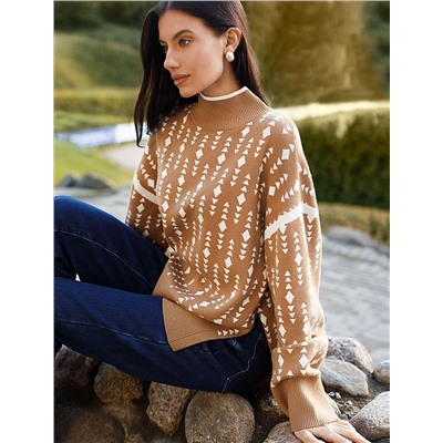 Свитер с боковыми разрезами жаккардовой вязки с кашемиром