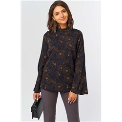 Блузка прямая с широким рукавом с цветочным принтом на темно-синем