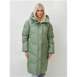 Пальто летучая мышь женское с капюшоном зимнее зеленого цвета 9616Z