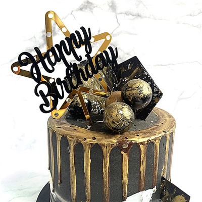 Топпер звезда «Happy Birthday» черно-золотой