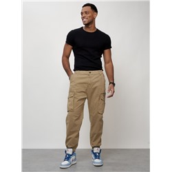 Джинсы карго мужские с накладными карманами бежевого цвета 2425B