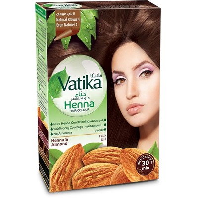 Vatika Henna NATURAL BROWN 4, Dabur (Ватика хна НАТУРАЛЬНЫЙ КОРИЧНЕВЫЙ 4, Дабур), 60 г. (6 пакетиков по 10 г.)