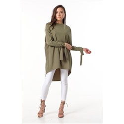 Блузка удлиненная расклешенная с длинным рукавом хаки