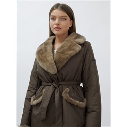 Пальто зимнее женское с норкой люкс класса коричневого цвета 8606K