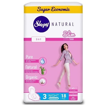 SLEEPY NATURAL Прокладки гигиен. Slim Ультра тонкие Ночные 7к. 18шт ДУО (Турция)