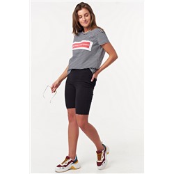 Футболка трикотажная прямая в полоску с нашивкой черно-белая