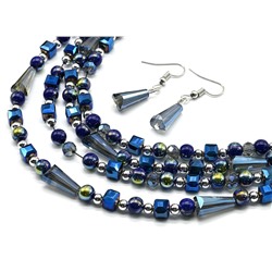 Колье с серьгами 4 нити из циркона цв.синий, 44см