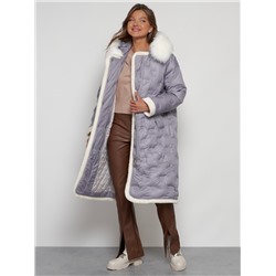 Пальто утепленное с капюшоном зимнее женское серого цвета 132290Sr