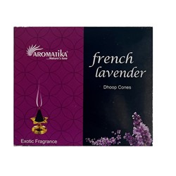FRENCH LAVENDER Dhoop Cones, Aromatika (ФРАНЦУЗСКАЯ ЛАВАНДА конусные благовония, Ароматика), уп. 25 г. + подставка.