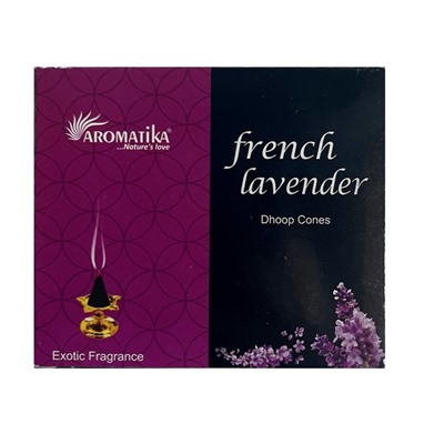 FRENCH LAVENDER Dhoop Cones, Aromatika (ФРАНЦУЗСКАЯ ЛАВАНДА конусные благовония, Ароматика), уп. 25 г. + подставка.