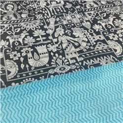 Сари ISHITA HOUSE, Dollar, с печатным принтом СБОР УРОЖАЯ, с ГОЛУБОЙ каймой (Size: Onesize, с отрезом для блузы), 1 шт.
